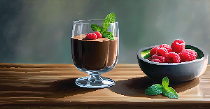 A rich chocolate avocado mousse in a fancy glass with raspberries and mint on top, placed on a wooden table.
