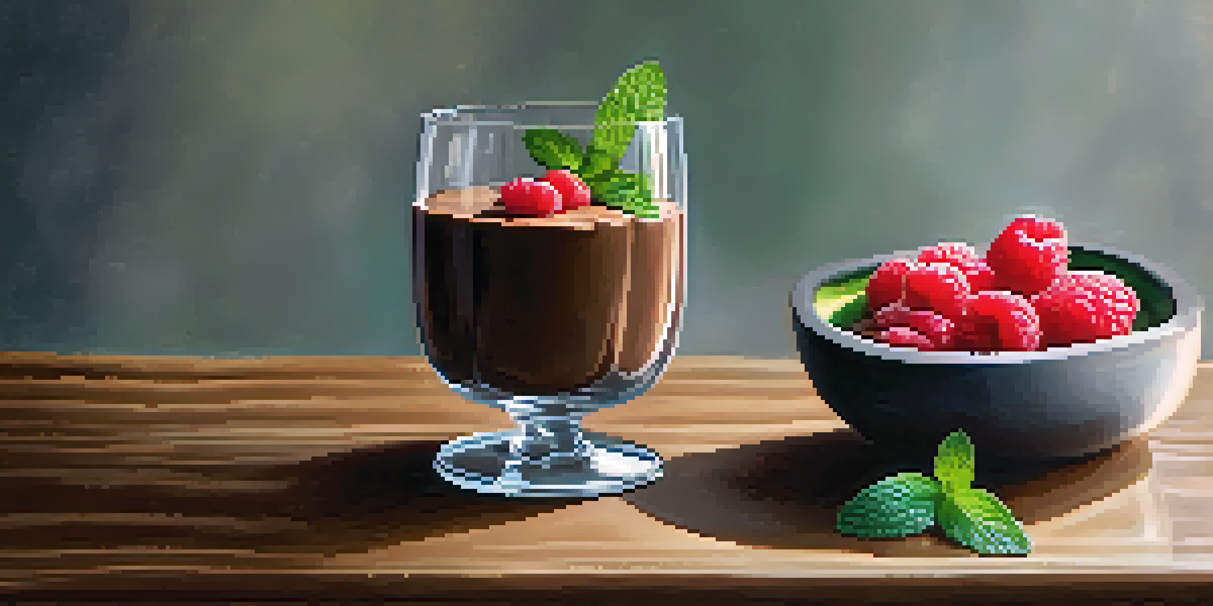 A rich chocolate avocado mousse in a fancy glass with raspberries and mint on top, placed on a wooden table.
