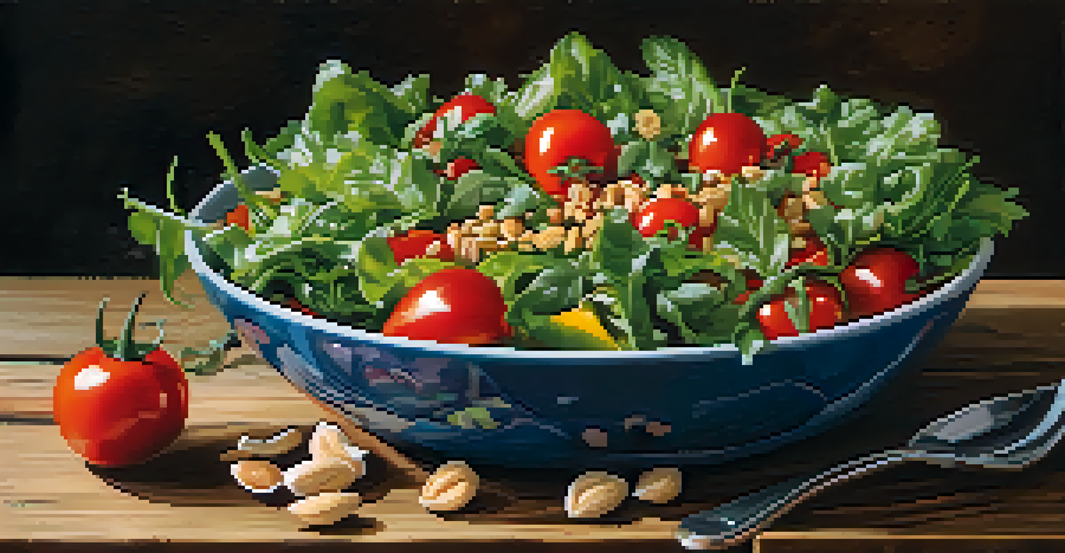 A bright salad bowl filled with assorted raw vegetables and nuts on a wooden table, illuminated by natural light.