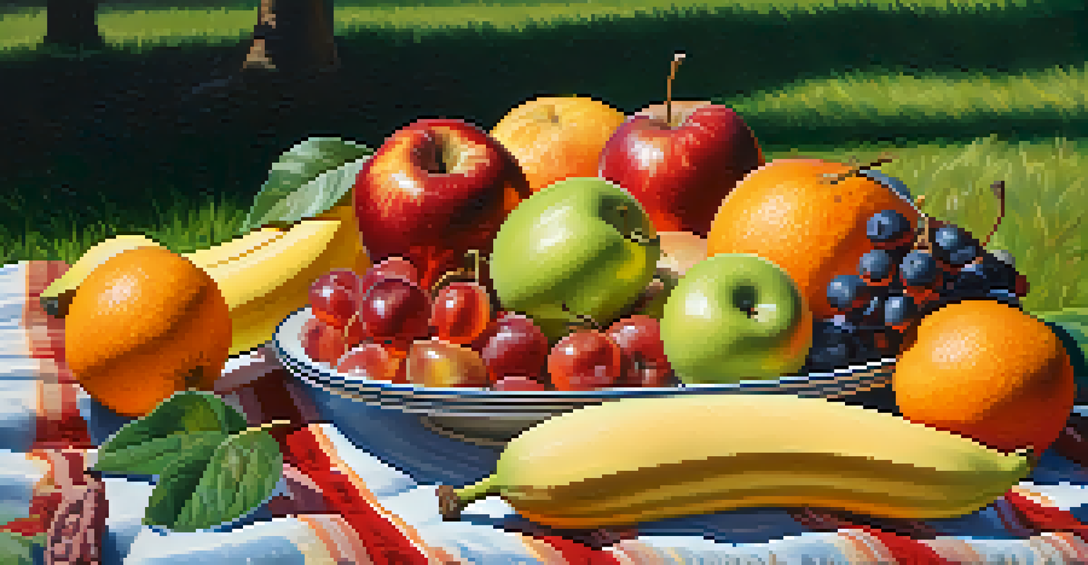 A picnic blanket with fresh fruits like apples, bananas, and oranges in a sunlit park, surrounded by green leaves.
