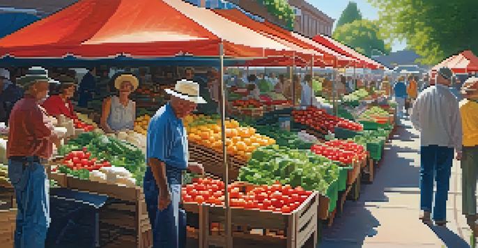 A lively farmer's market filled with fresh seasonal produce, including tomatoes, bell peppers, and herbs, with sunlight filtering through the awning.