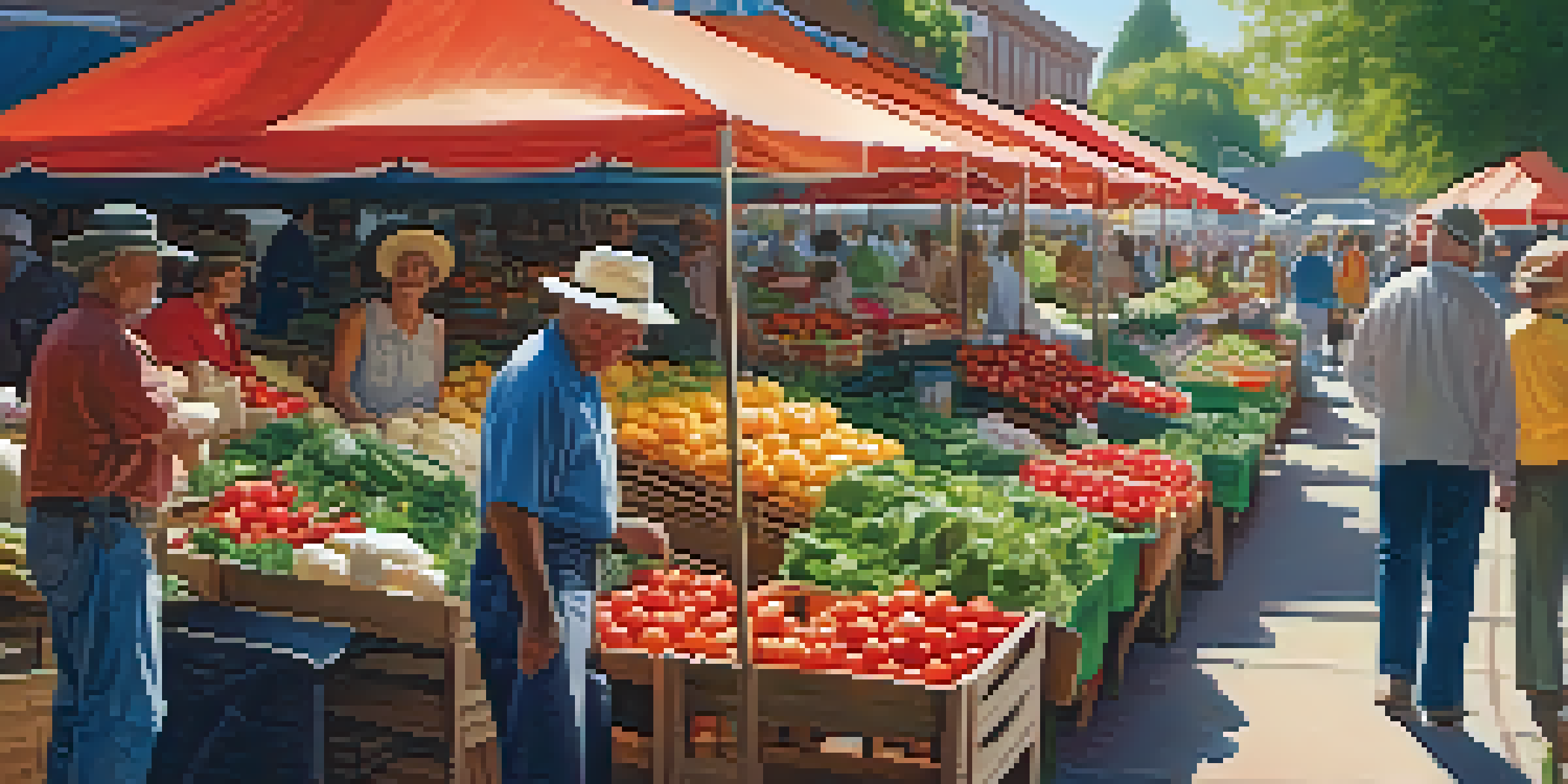 A lively farmer's market filled with fresh seasonal produce, including tomatoes, bell peppers, and herbs, with sunlight filtering through the awning.