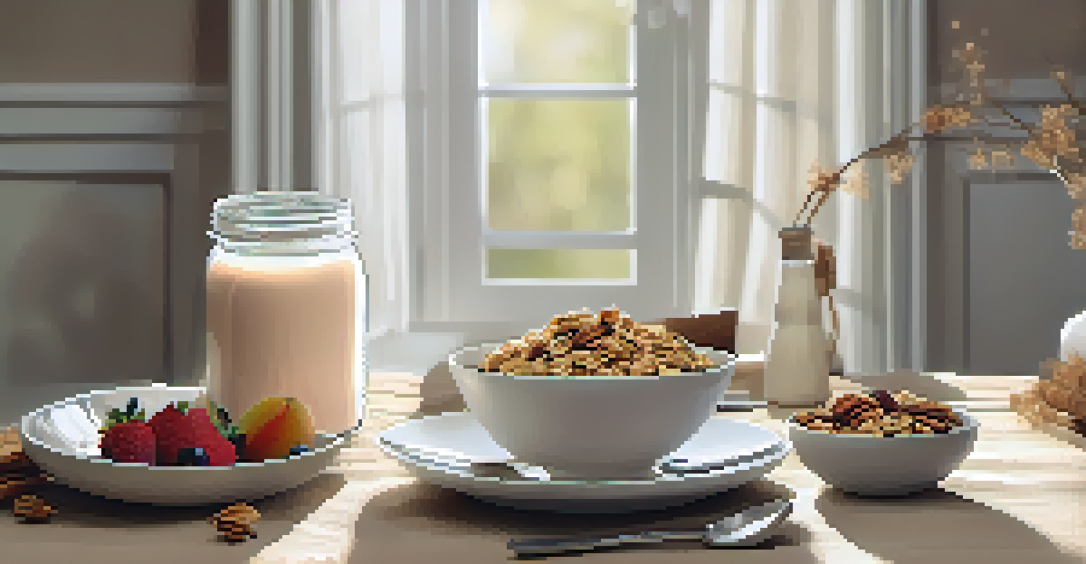 A dining table with a bowl of granola, fresh fruits, and a jar of spiced nut milk, all bathed in soft natural light.
