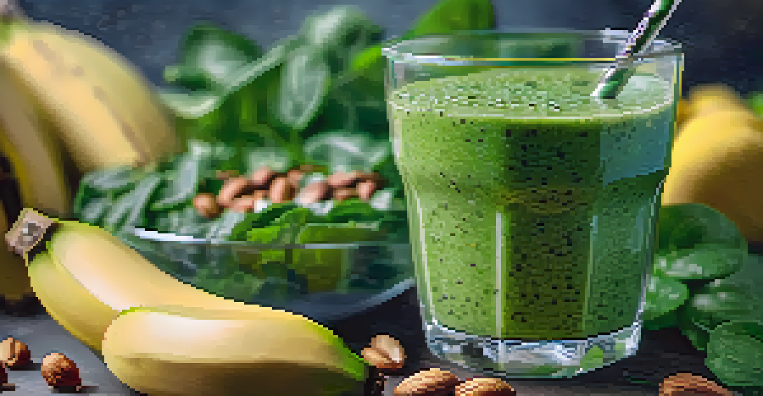 A close-up of a green smoothie in a glass surrounded by fresh fruits and vegetables.