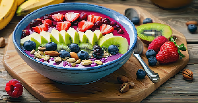 A bright smoothie bowl filled with fruits, nuts, and seeds on a wooden table, illuminated by sunlight.