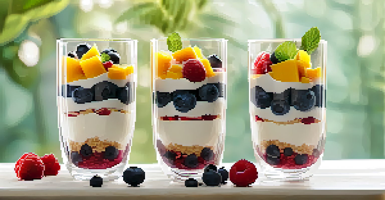 Berry parfaits in clear glass cups with blueberries, raspberries, and mango slices, topped with coconut flakes and mint, against a green background.