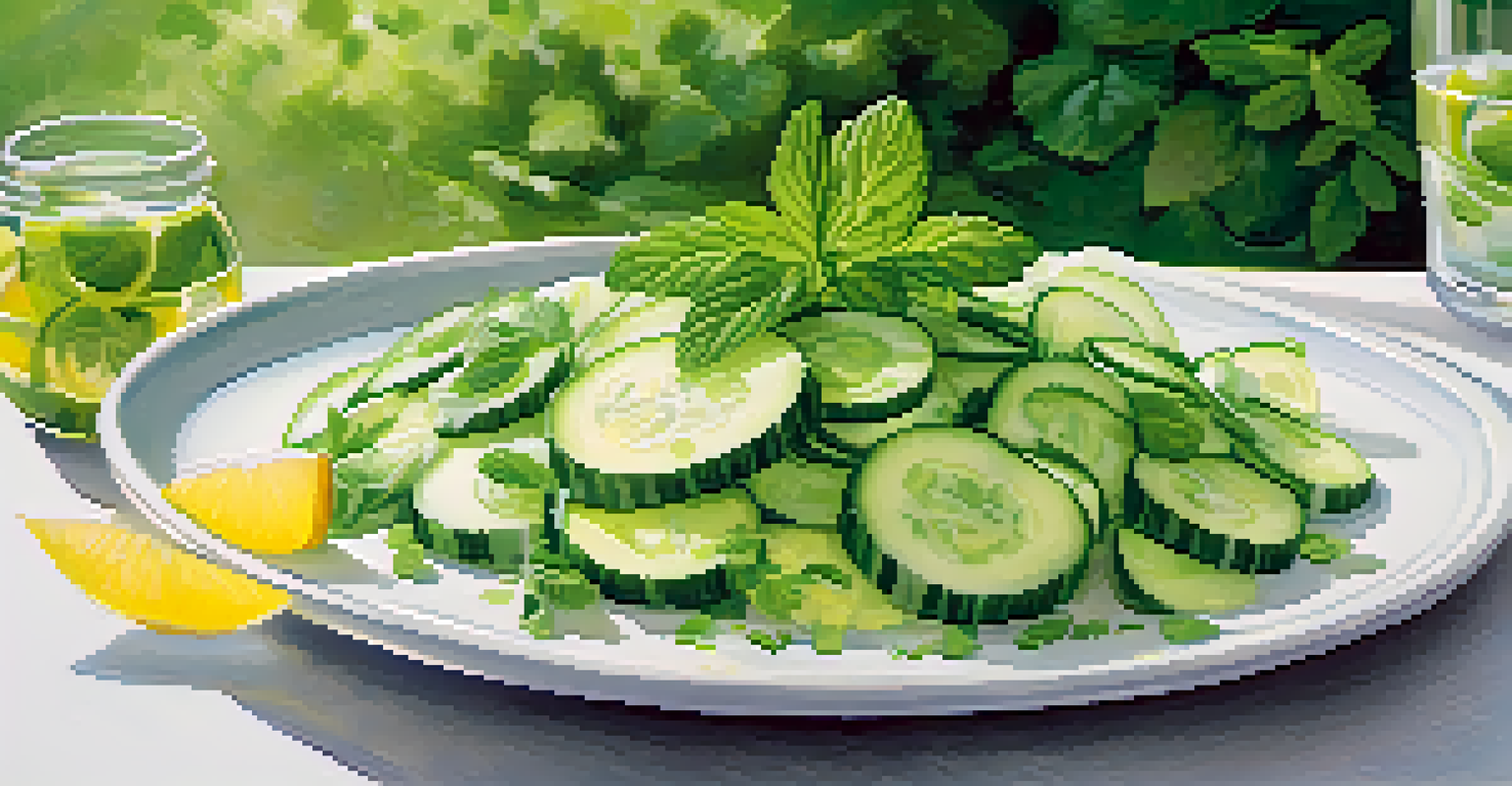 A cucumber and mint salad on a white plate, garnished with lemon wedges and set against greenery.