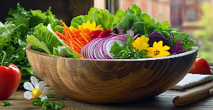 A beautifully arranged vibrant raw food salad with fresh vegetables and edible flowers on a wooden table.