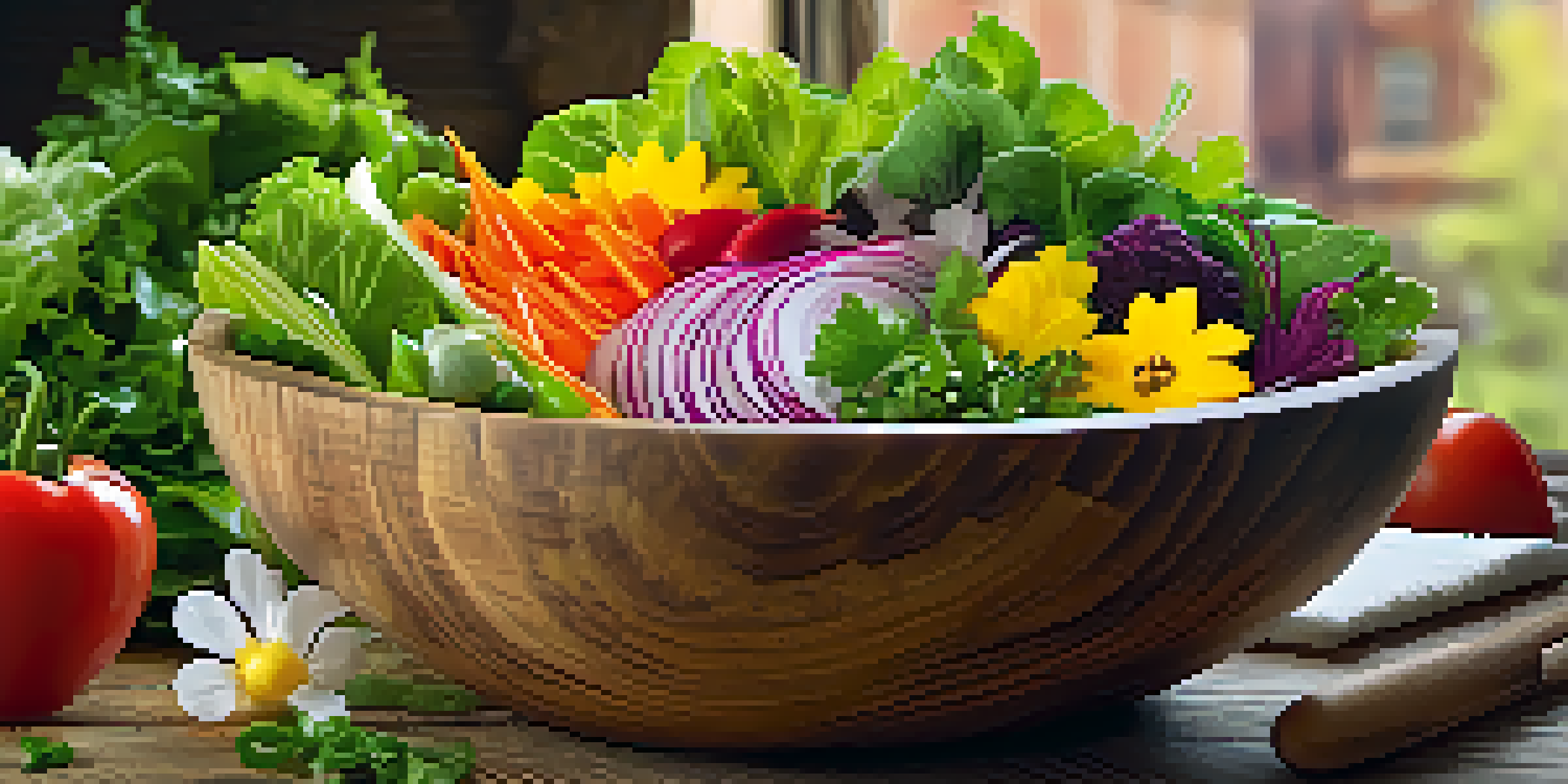 A beautifully arranged vibrant raw food salad with fresh vegetables and edible flowers on a wooden table.