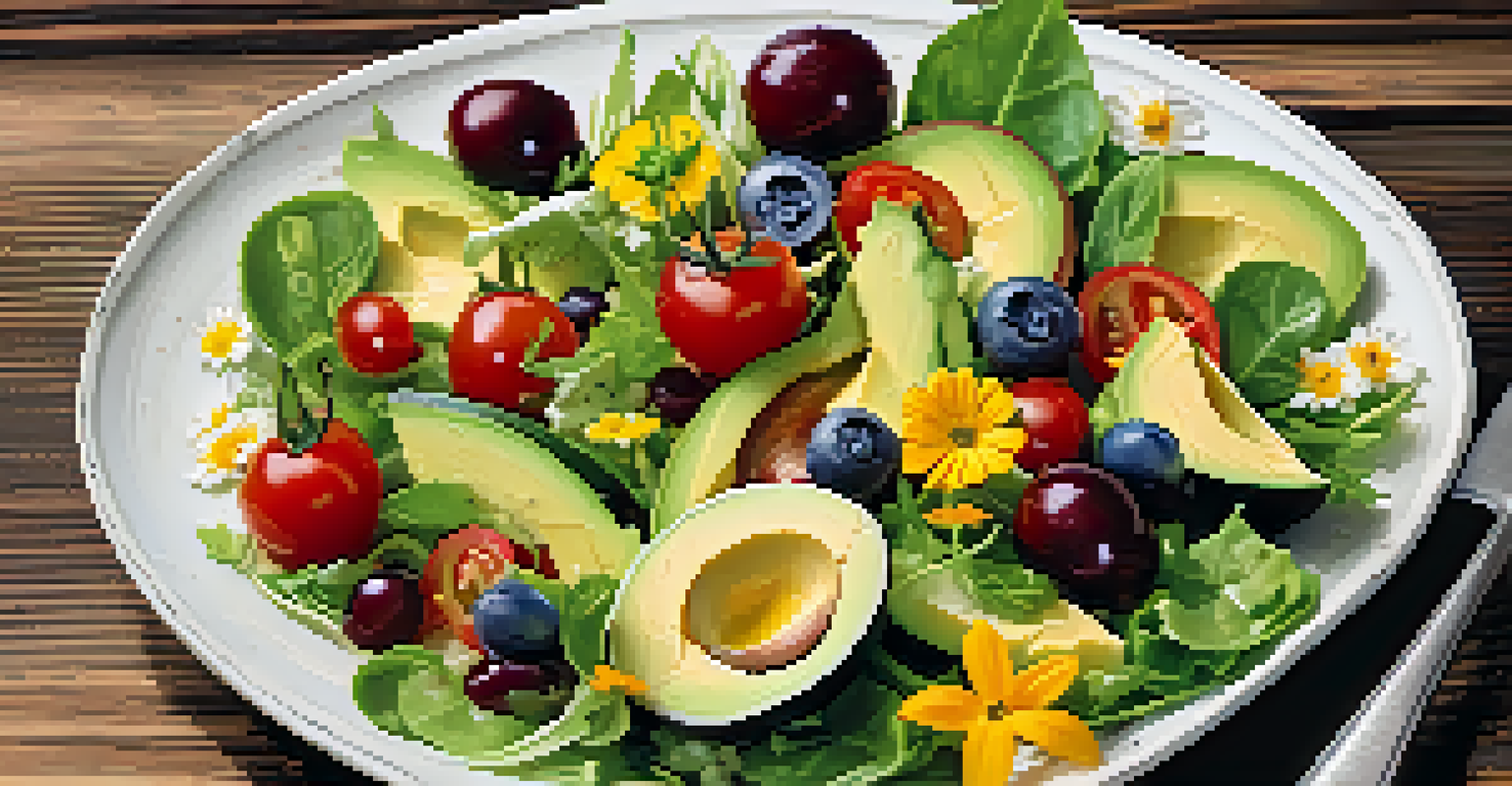 A beautifully arranged raw food salad with vibrant greens and edible flowers on a rustic wooden table.