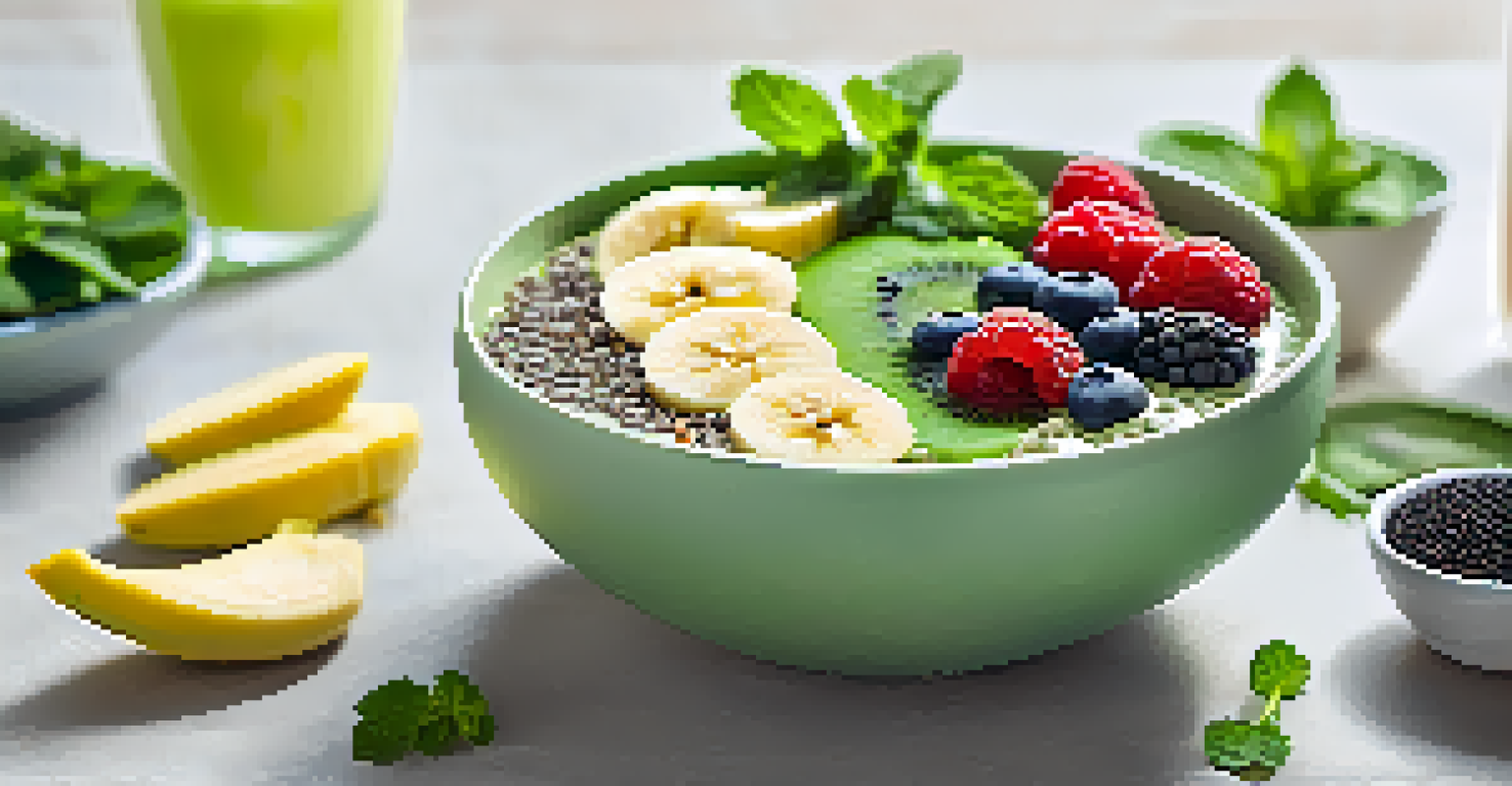 A green smoothie bowl decorated with fruits and seeds, with a glass of infused water in the background.