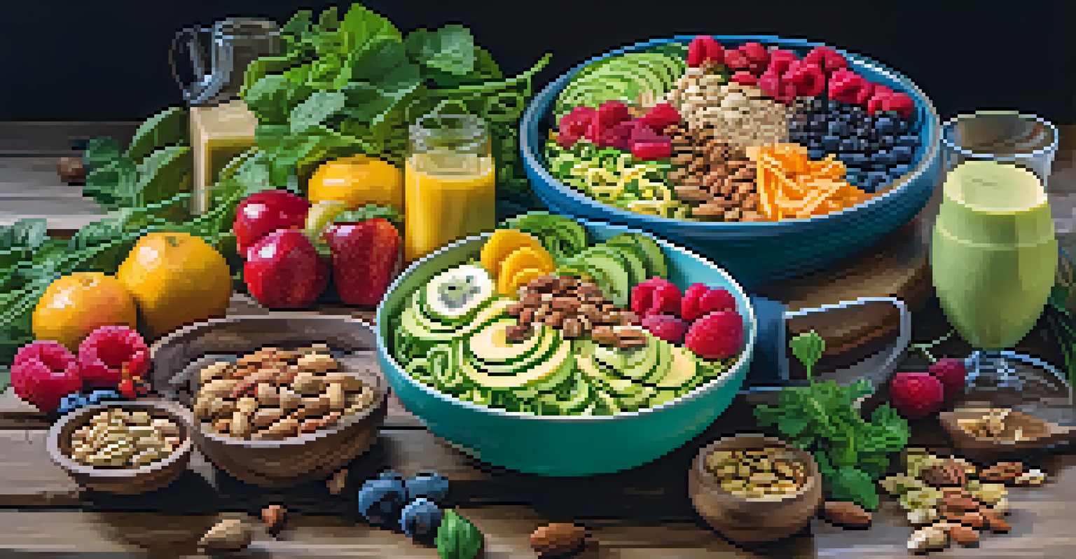 A close-up view of a colorful raw food platter showcasing zoodles, smoothie bowls, and nuts on a rustic wooden table illuminated by soft natural light.