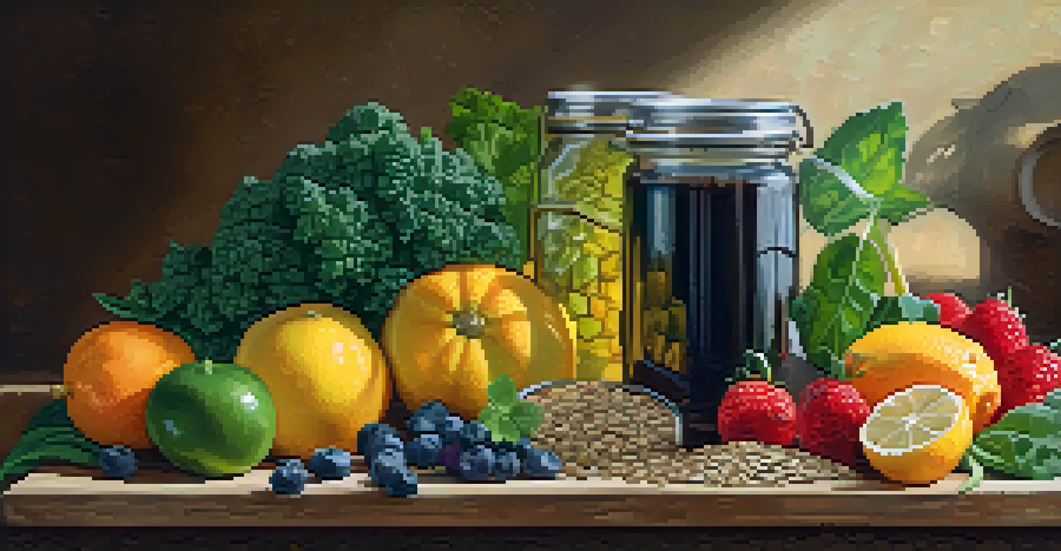 An artistic arrangement of raw fruits and vegetables on a wooden cutting board, including kale, berries, and a glass jar of steaming herbal tea.