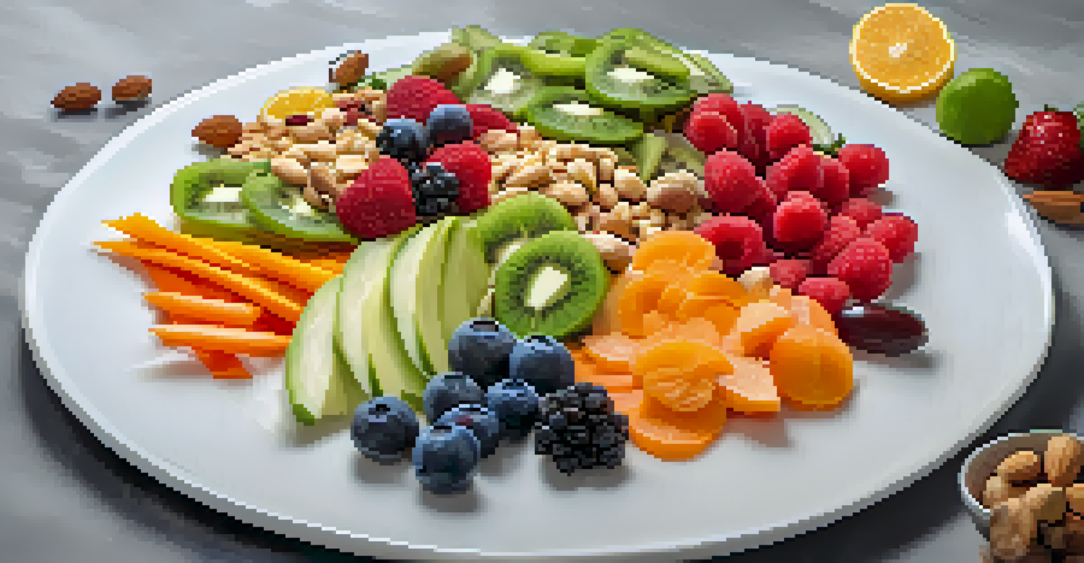 A close-up of a raw vegan platter featuring sliced fruits, nuts, and vegetable sticks on a white plate.