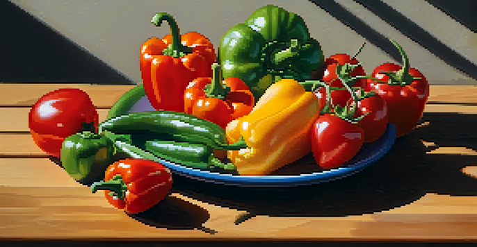 A colorful plate of fresh raw vegetables like bell peppers, carrots, and cherry tomatoes, beautifully arranged on a wooden table with sunlight illuminating the scene.