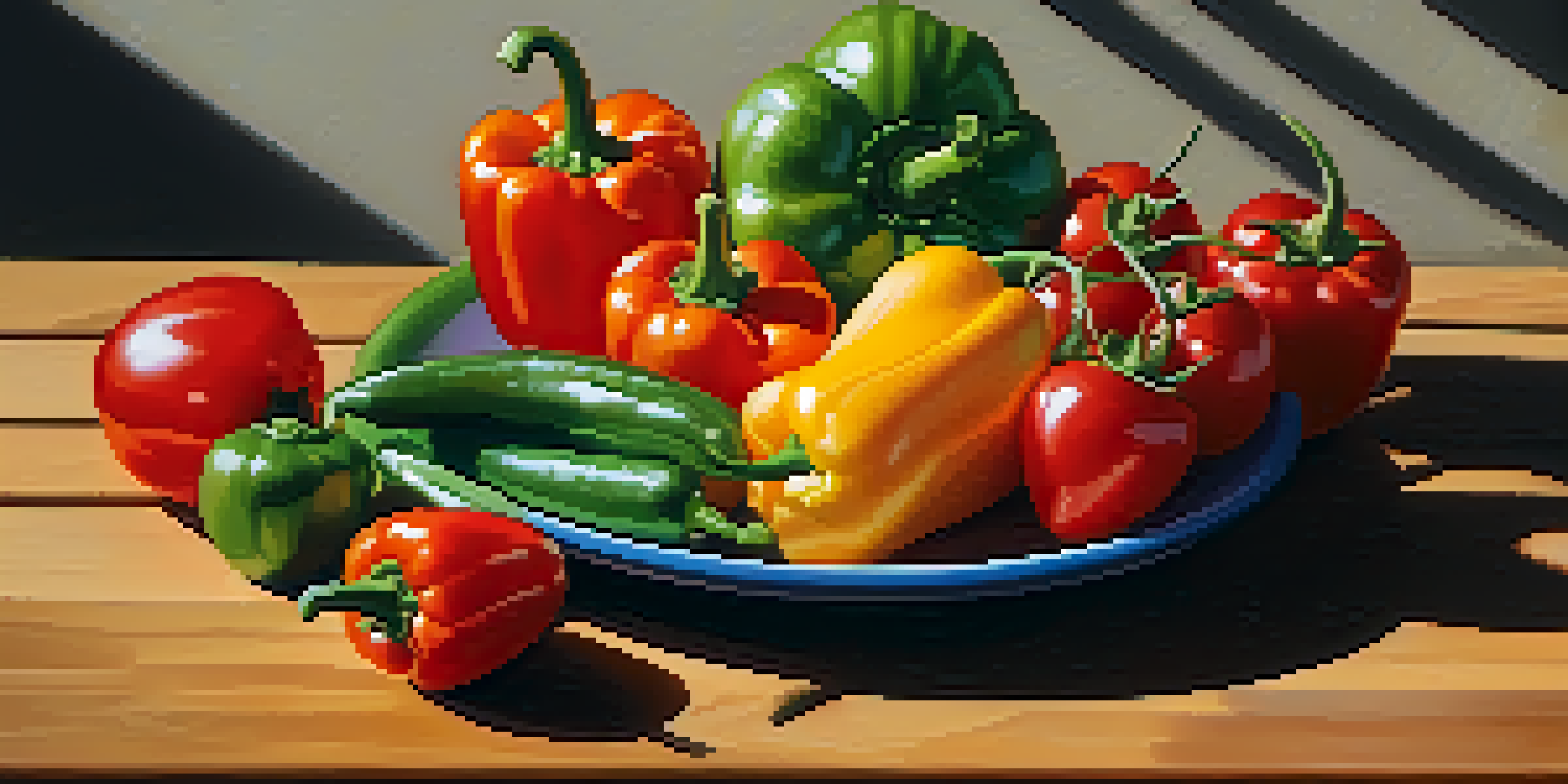 A colorful plate of fresh raw vegetables like bell peppers, carrots, and cherry tomatoes, beautifully arranged on a wooden table with sunlight illuminating the scene.