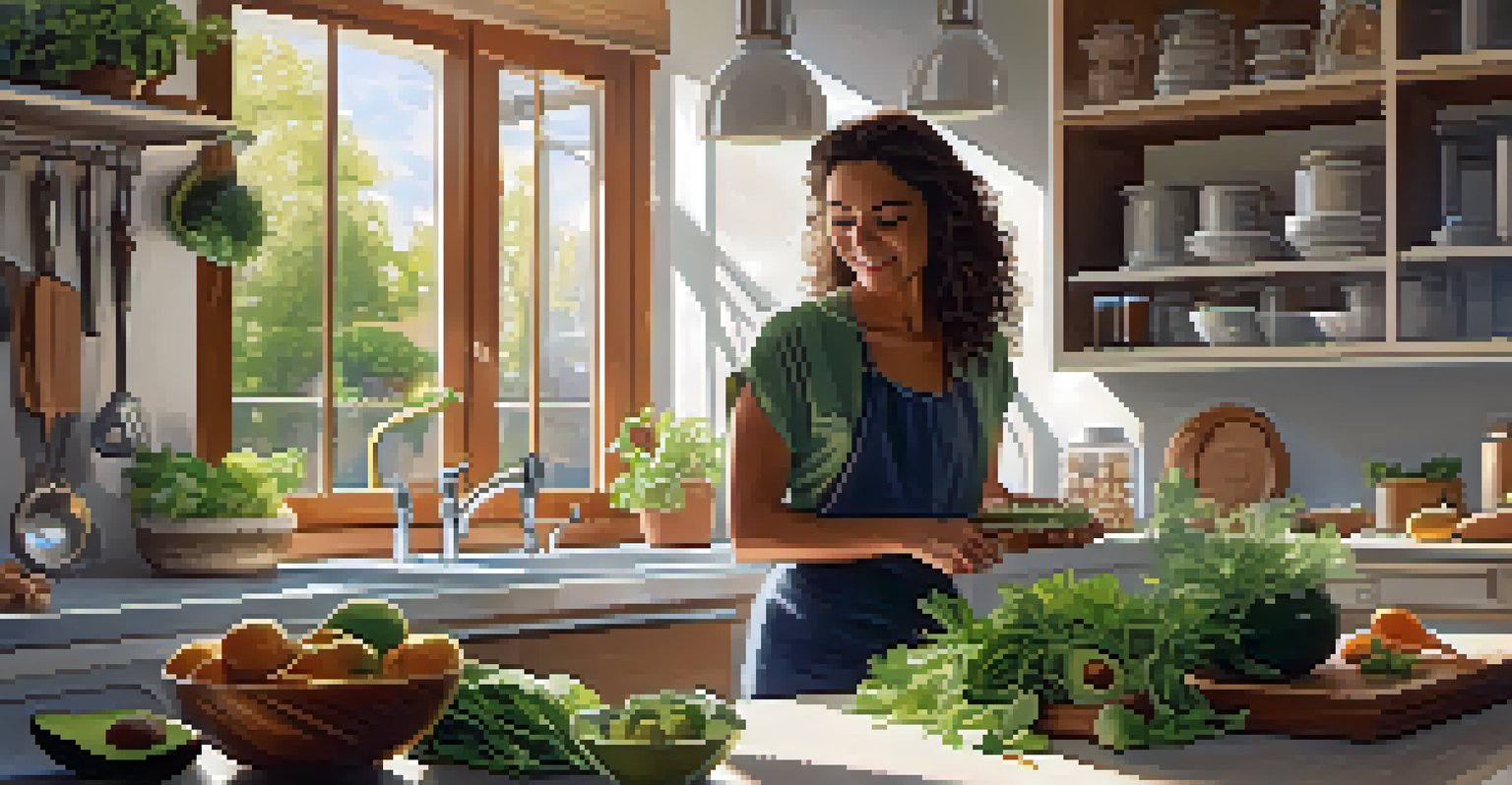 A person in a cozy kitchen preparing a fresh raw food salad with seasonal ingredients, illuminated by natural sunlight.