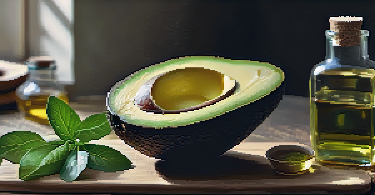 A halved avocado on a wooden board with avocado oil and fresh herbs, illuminated by soft kitchen light.