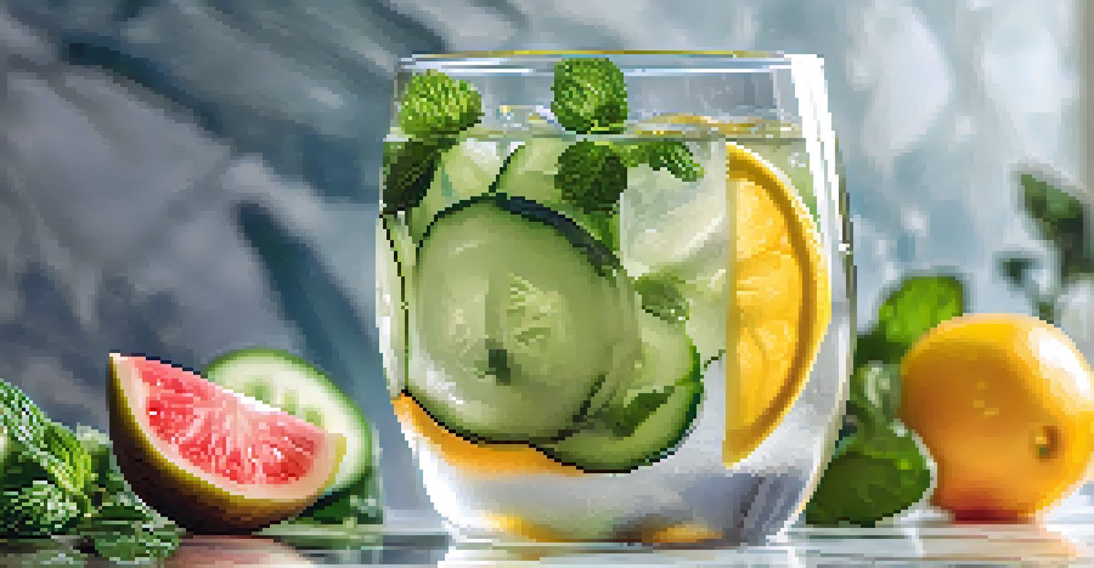 A close-up of a glass of cucumber mint infused water on a marble countertop, with blurred fruits and herbs in the background.