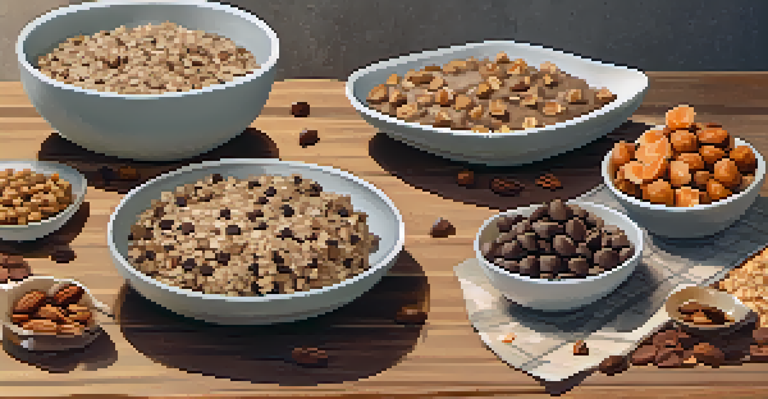 A close-up of homemade energy bites on a plate, surrounded by bowls of oats, nuts, and dried fruits, in a cozy kitchen setting.