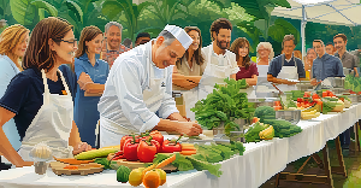 A chef leading a raw food preparation workshop at a culinary festival, with engaged participants and abundant fresh produce on display.