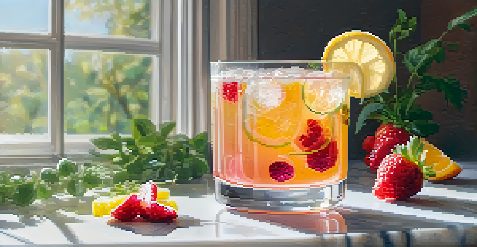 A glass of bubbly kombucha garnished with fruit on a marble countertop.