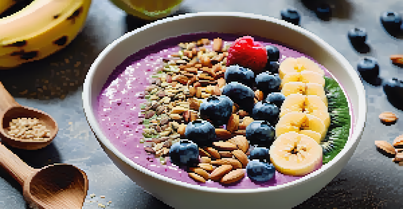 A close-up image of a colorful smoothie bowl with spinach, blueberries, and bananas, garnished with fresh fruit slices and seeds, on a rustic kitchen countertop.