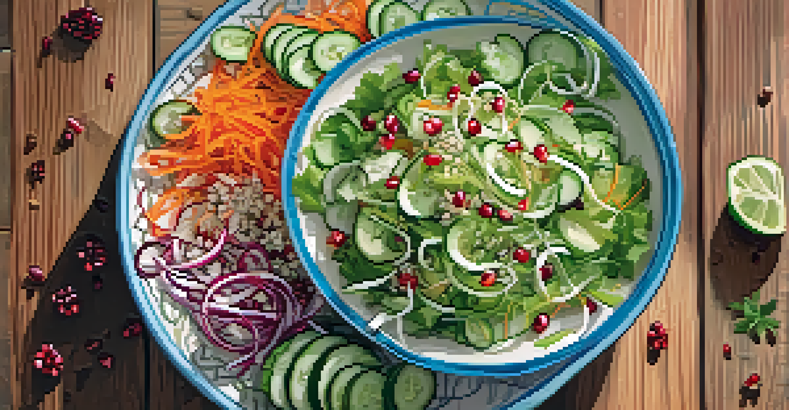 An overhead view of a fresh salad with cucumber and carrot ribbons, pomegranate seeds, and sesame seeds.
