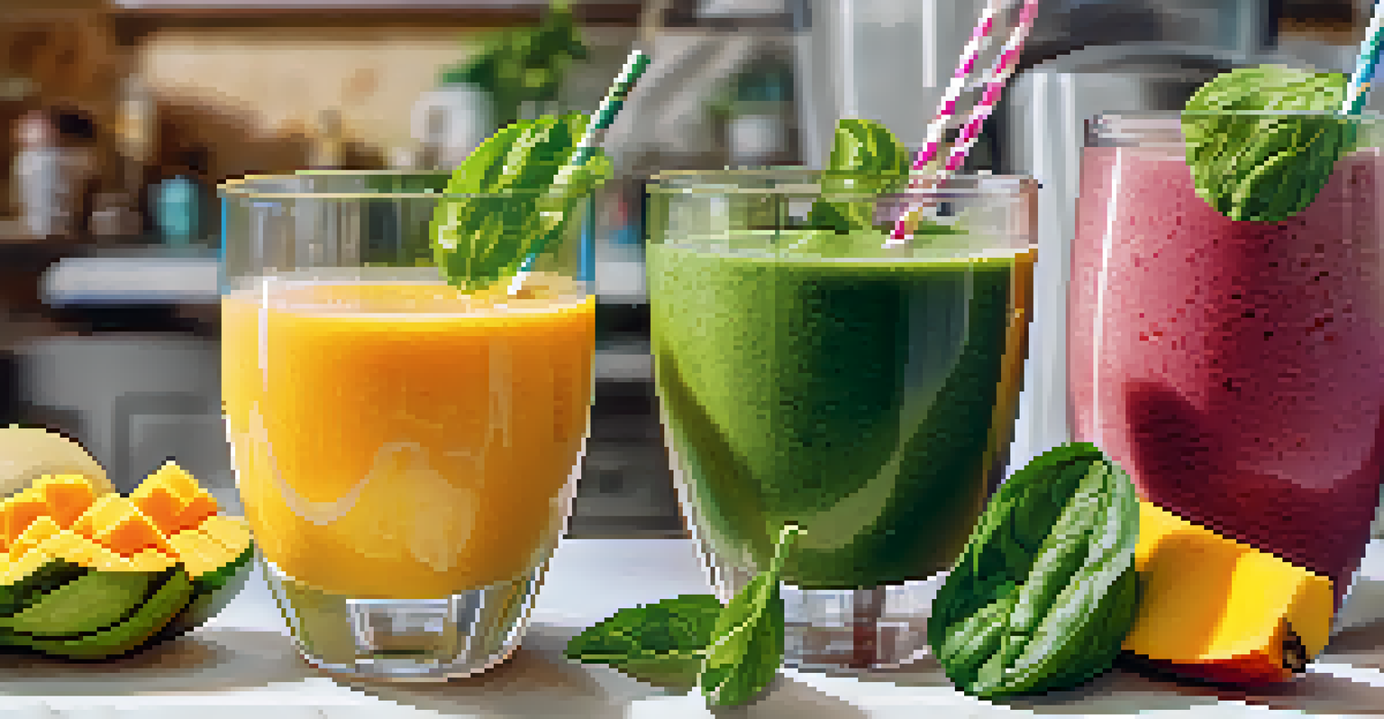 A close-up of a blender filled with spinach, mango, and coconut water, capturing the bright colors and joyful atmosphere of healthy smoothie preparation.