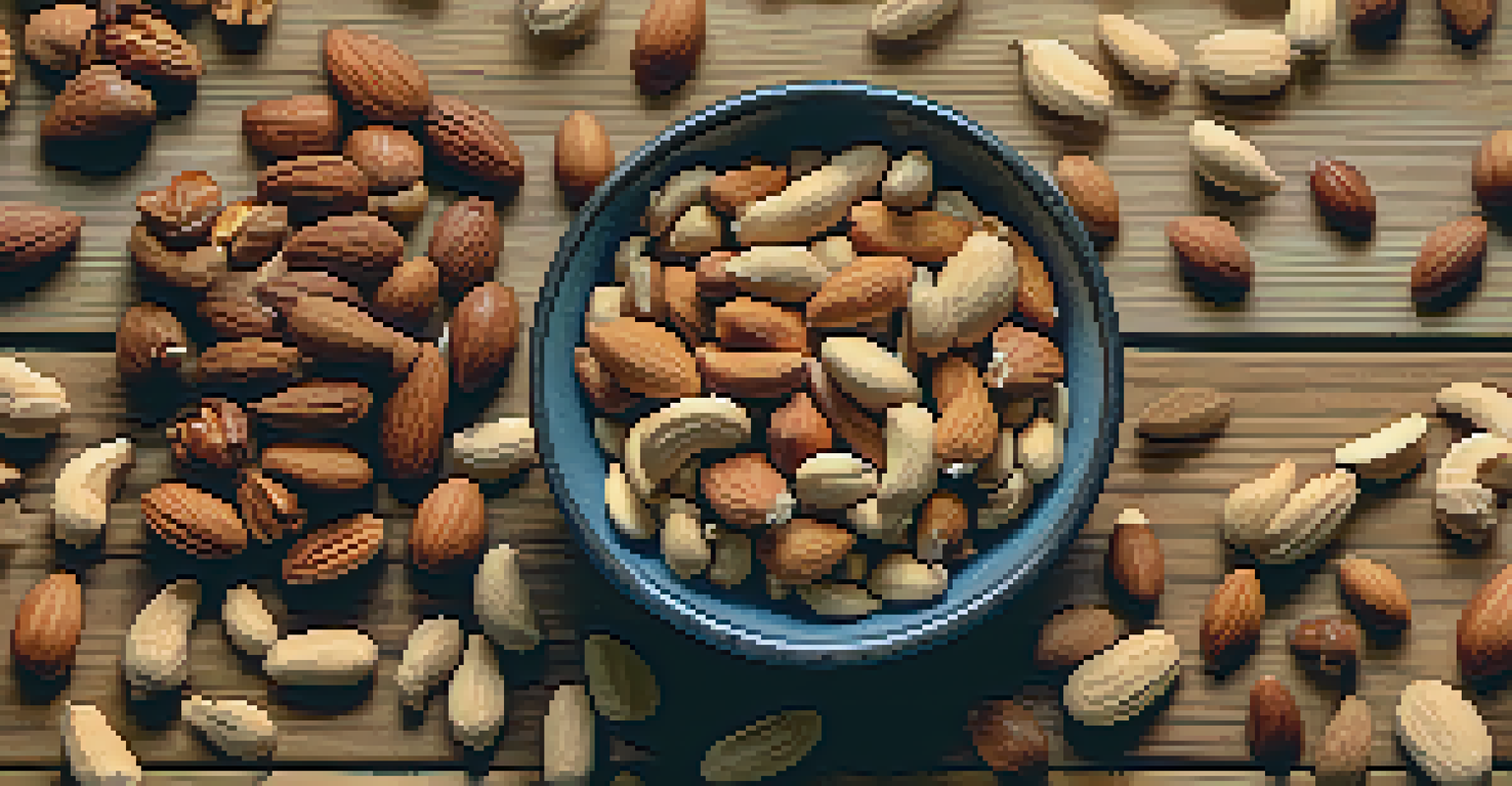 A close-up of a hand holding a mix of raw nuts, including almonds, walnuts, and cashews, on a wooden surface.