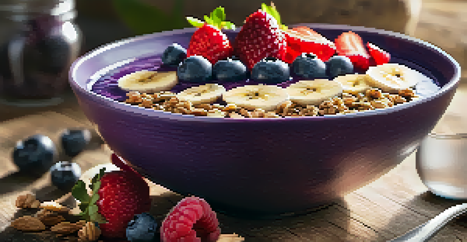 A smoothie bowl filled with mixed berries and topped with granola and banana slices, placed on a wooden table.