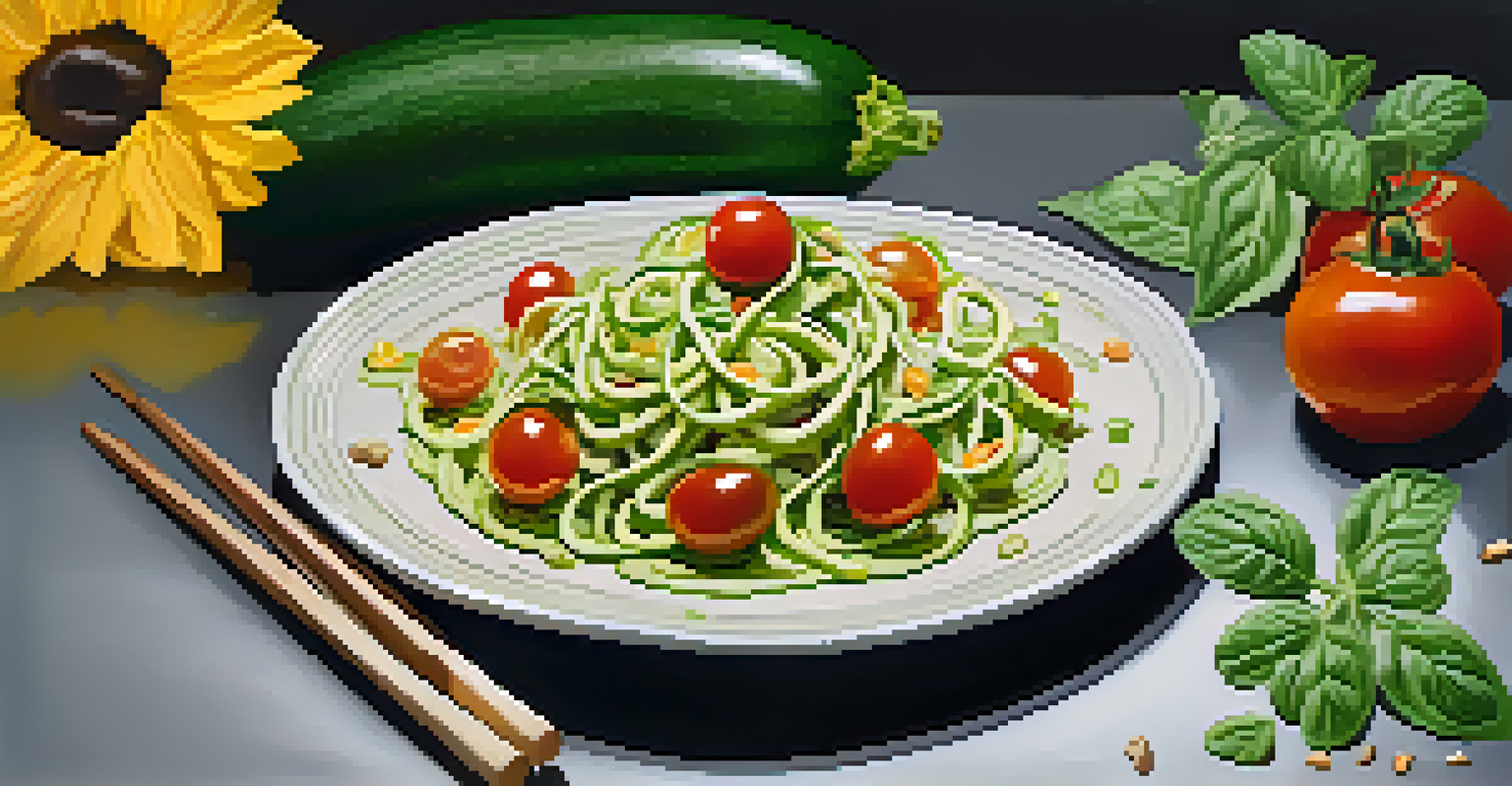 A plate of zucchini noodles topped with avocado dressing and garnished with sunflower seeds and cherry tomatoes, arranged diagonally with herbs.