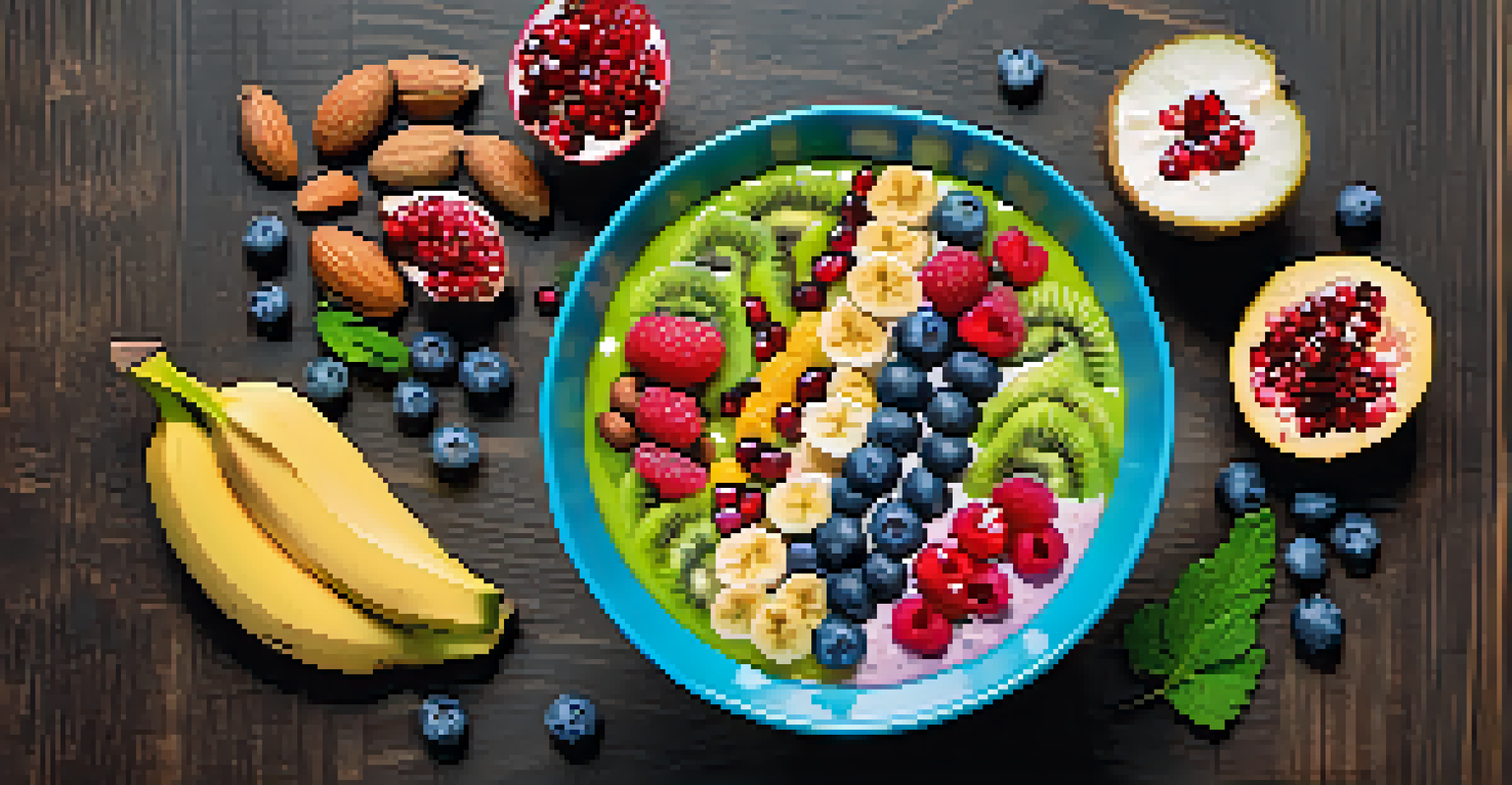 An overhead view of a smoothie bowl topped with bananas, blueberries, kiwi, and pomegranate seeds, with nuts and mint leaves around it.