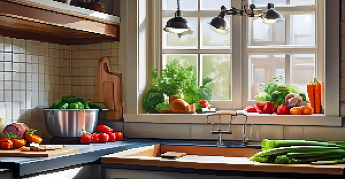 A clean kitchen countertop with fresh vegetables and high-quality meat cuts, illuminated by soft natural light.