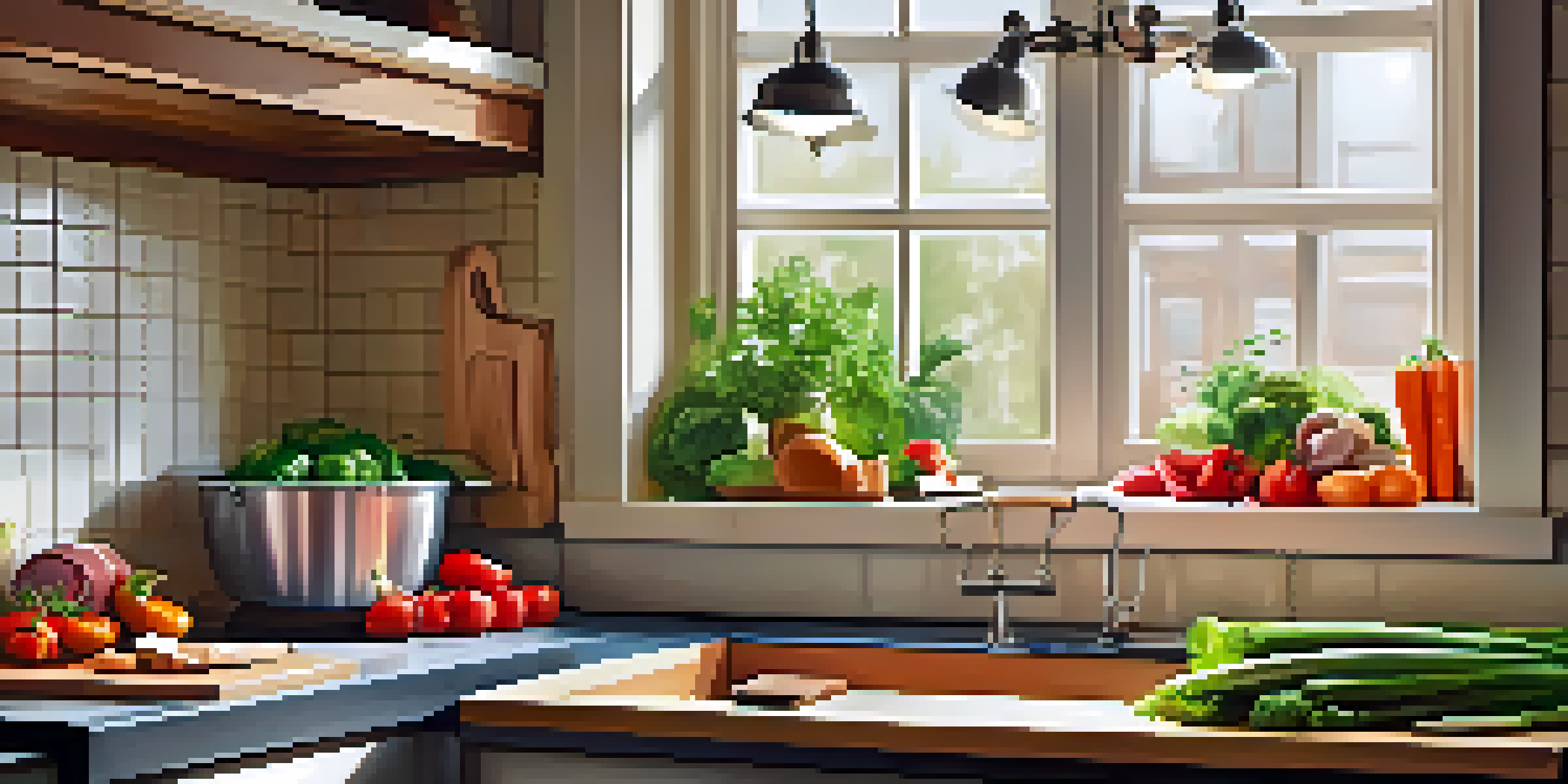 A clean kitchen countertop with fresh vegetables and high-quality meat cuts, illuminated by soft natural light.