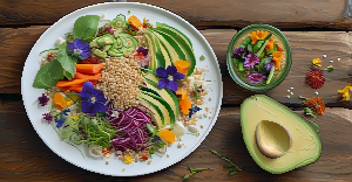 A colorful plate of raw food showcasing fresh vegetables, sprouted grains, and edible flowers, arranged artfully on a wooden table.