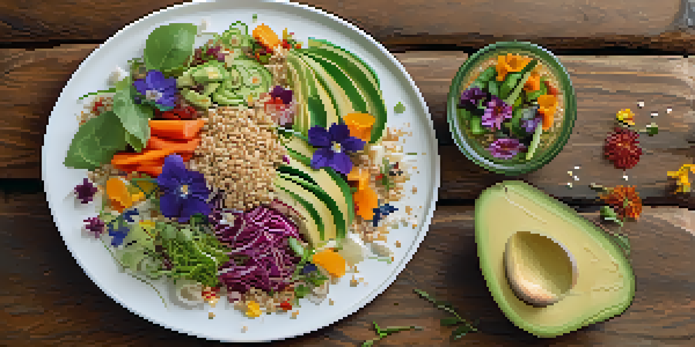 A colorful plate of raw food showcasing fresh vegetables, sprouted grains, and edible flowers, arranged artfully on a wooden table.