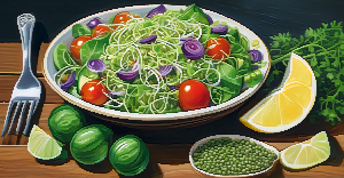 A colorful salad bowl with fresh sprouts, cherry tomatoes, and cucumber slices on a rustic wooden table.