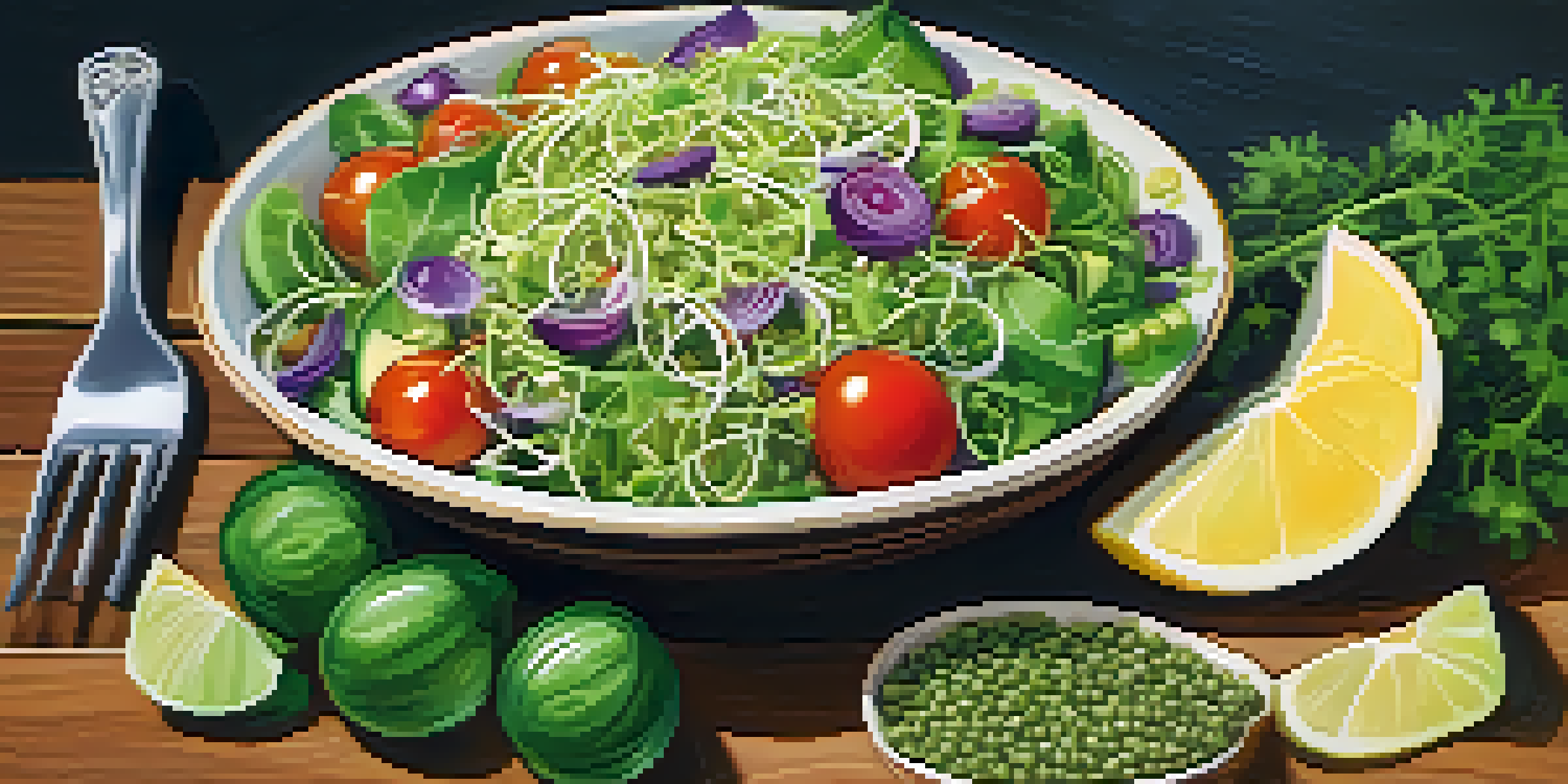 A colorful salad bowl with fresh sprouts, cherry tomatoes, and cucumber slices on a rustic wooden table.
