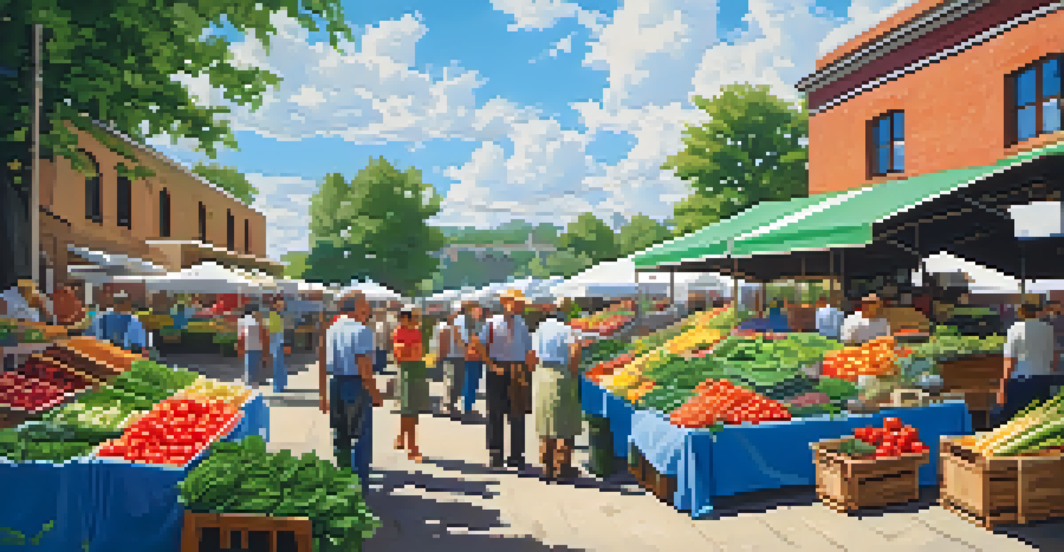 A lively farmer's market filled with colorful fruits and vegetables, with farmers engaging with customers under a sunny blue sky.