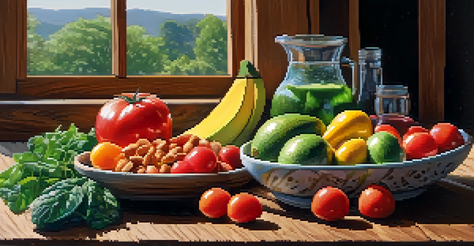 A colorful assortment of fresh fruits and vegetables arranged on a wooden table, showcasing the textures and colors of raw food.