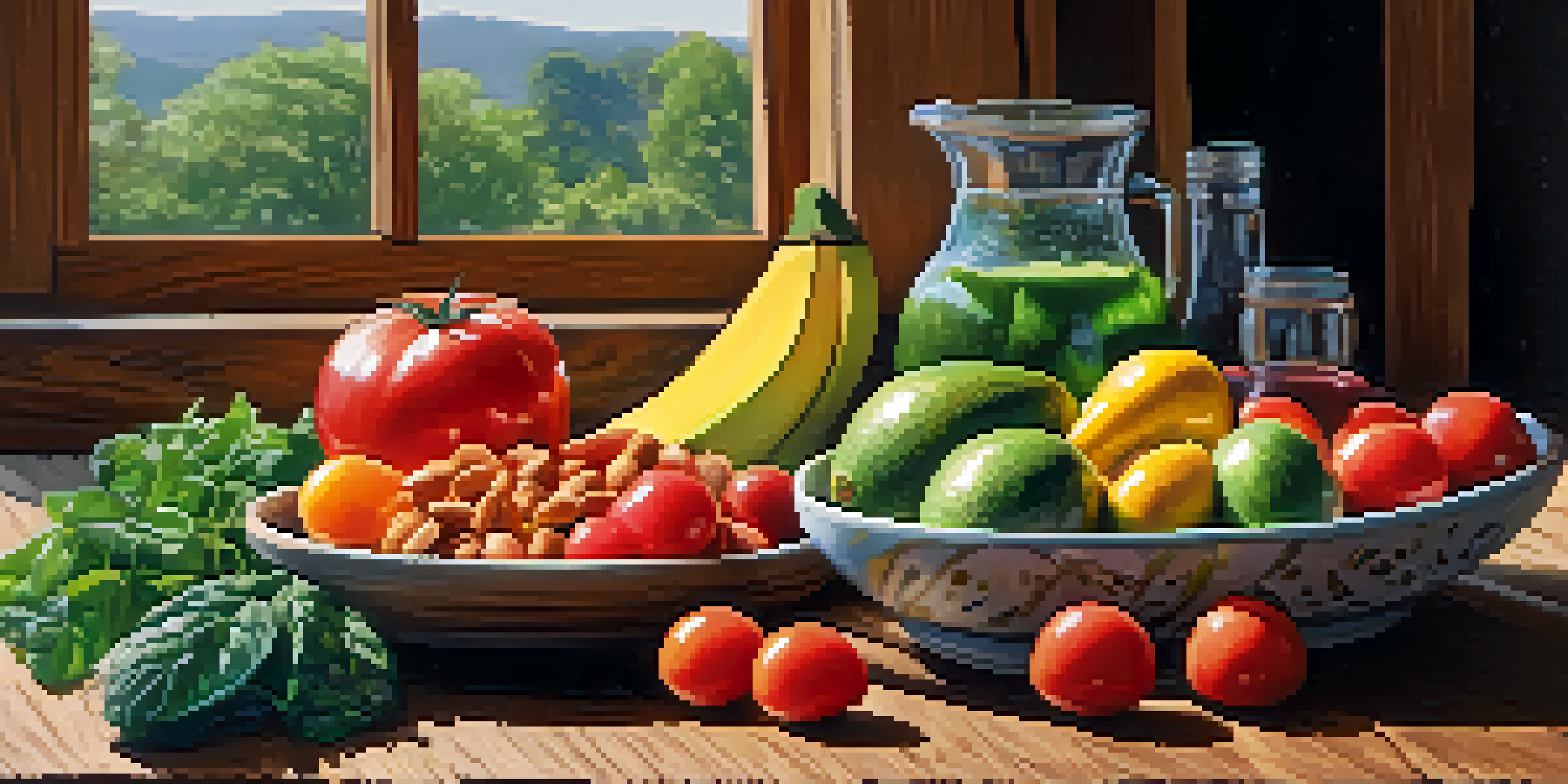 A colorful assortment of fresh fruits and vegetables arranged on a wooden table, showcasing the textures and colors of raw food.