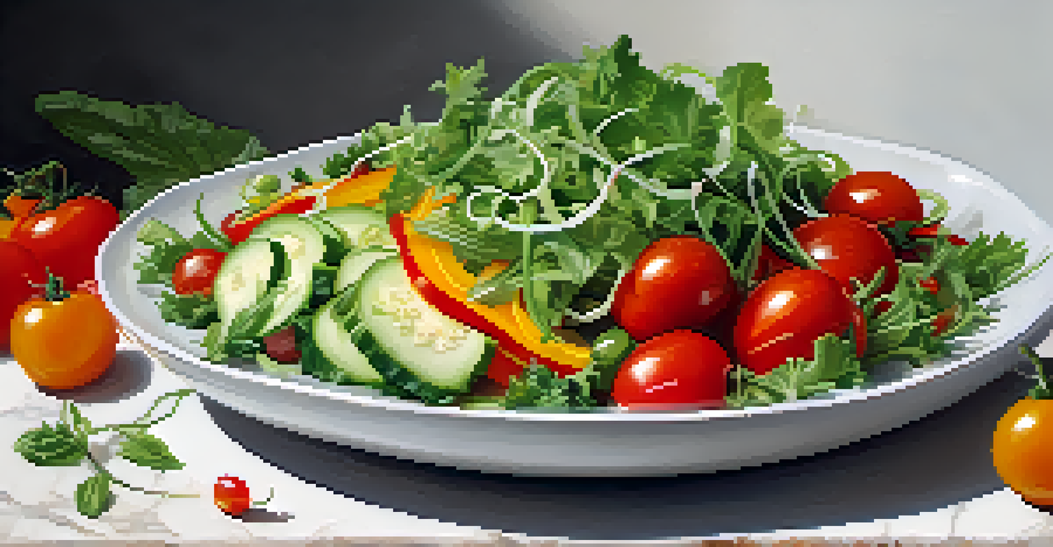 A close-up of a colorful raw salad bowl with greens, tomatoes, and cucumbers on a marble countertop.