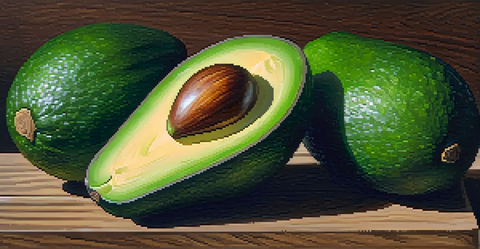 A ripe avocado sliced in half on a wooden table, with leafy greens and cilantro in the background.