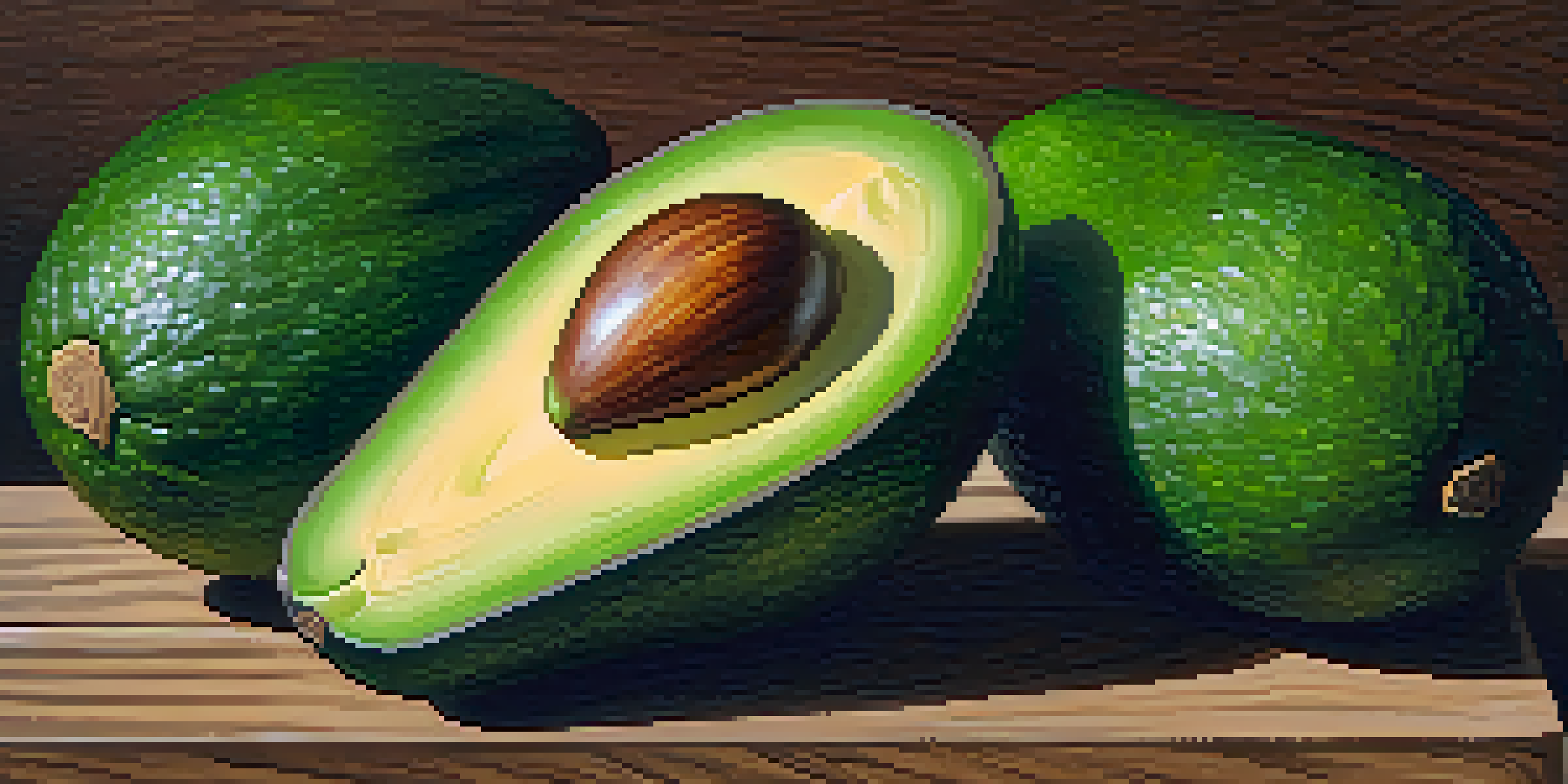 A ripe avocado sliced in half on a wooden table, with leafy greens and cilantro in the background.