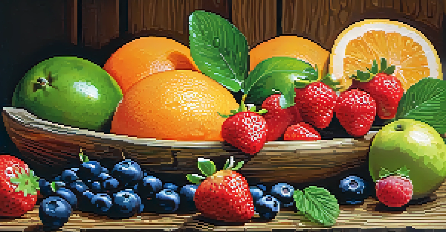 A rustic wooden table featuring a vibrant assortment of fresh fruits, including oranges, strawberries, and blueberries, glistening with water droplets.