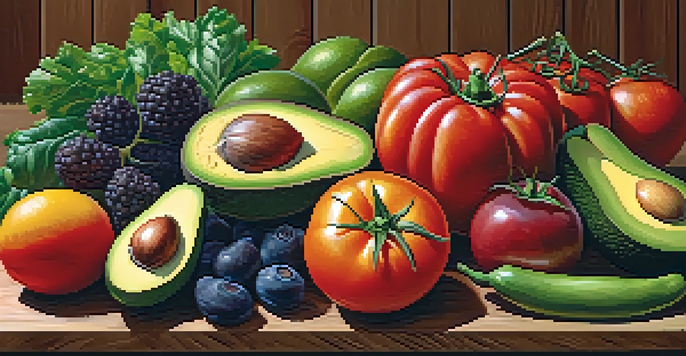 A colorful raw food platter with seasonal fruits and vegetables on a wooden table.