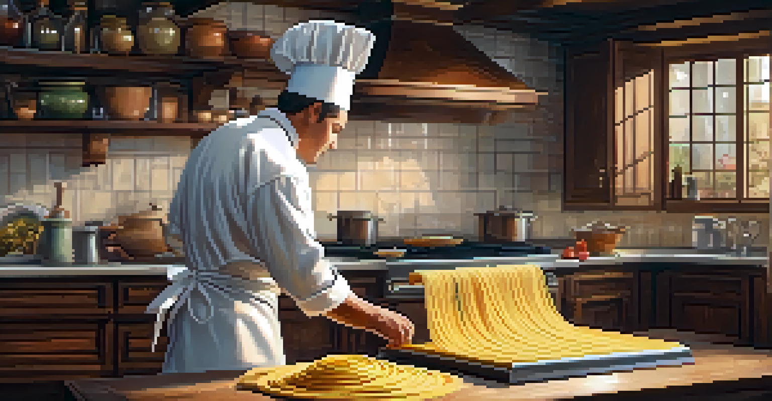 A chef in a cozy kitchen preparing fresh pasta dough on a wooden board, with a pot of simmering sauce visible in the background under warm lighting.