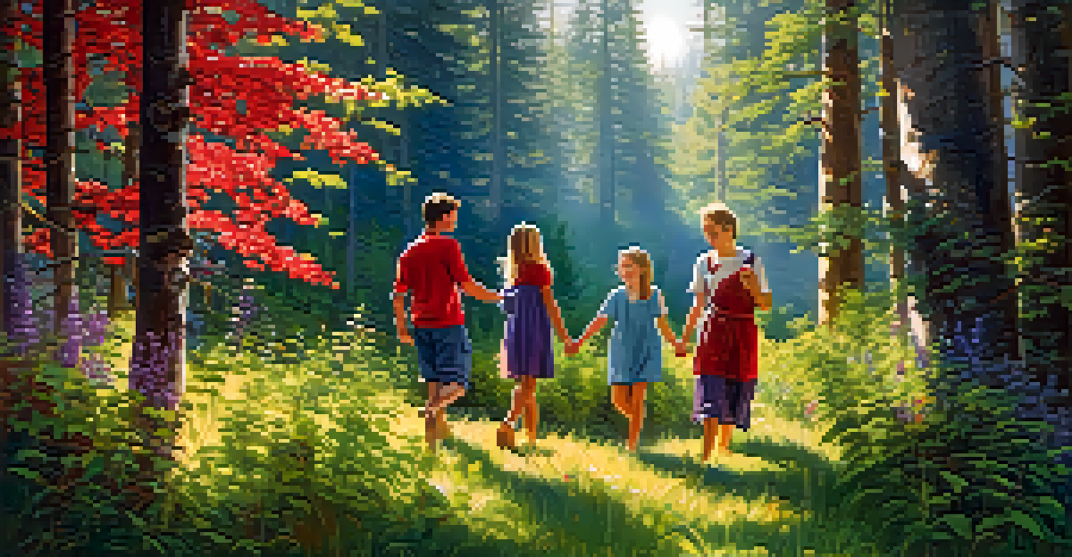 A family foraging for wild berries in a sunny Scandinavian forest, surrounded by lush greenery.