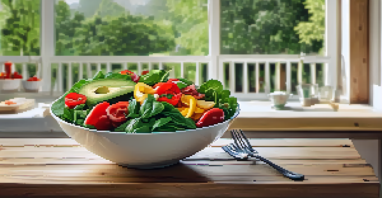 A salad bowl with colorful raw vegetables on a rustic wooden table in a sunny kitchen.